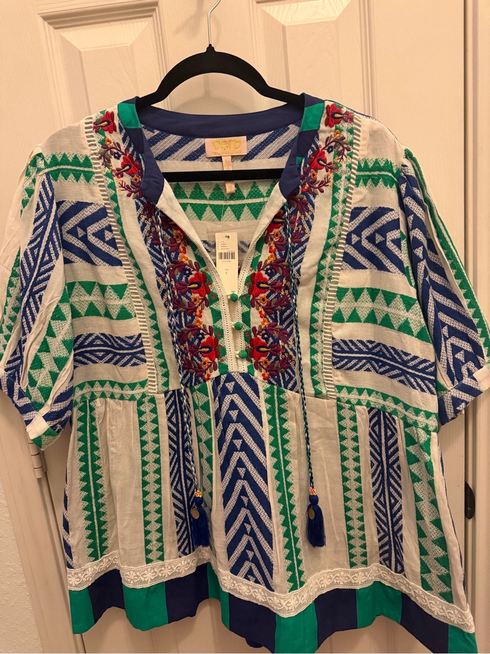 Embroidered V-Neck Tunic in Green & Blue by Verb for Anthropologie